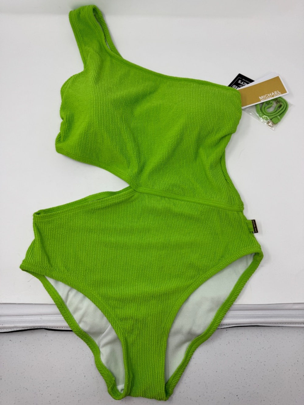 Michael Kors Lime Green One-Shoulder Side-Cutout One-Piece Swimsuit - Picture 3 of 11